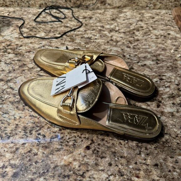 Zara Shoes - Gold Metallic Zara Leather Low Heel Mules Slip-Ons (NWT)